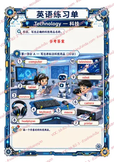 เฉลยใบงานภาษาอังกฤษ Technology ป.4-6 คำสั่งภาษาจีน - เขียนชื่ออุปกรณ์จากภาพลงในช่องคำตอบ เช่น printer camera robot พร้อมเฉลย