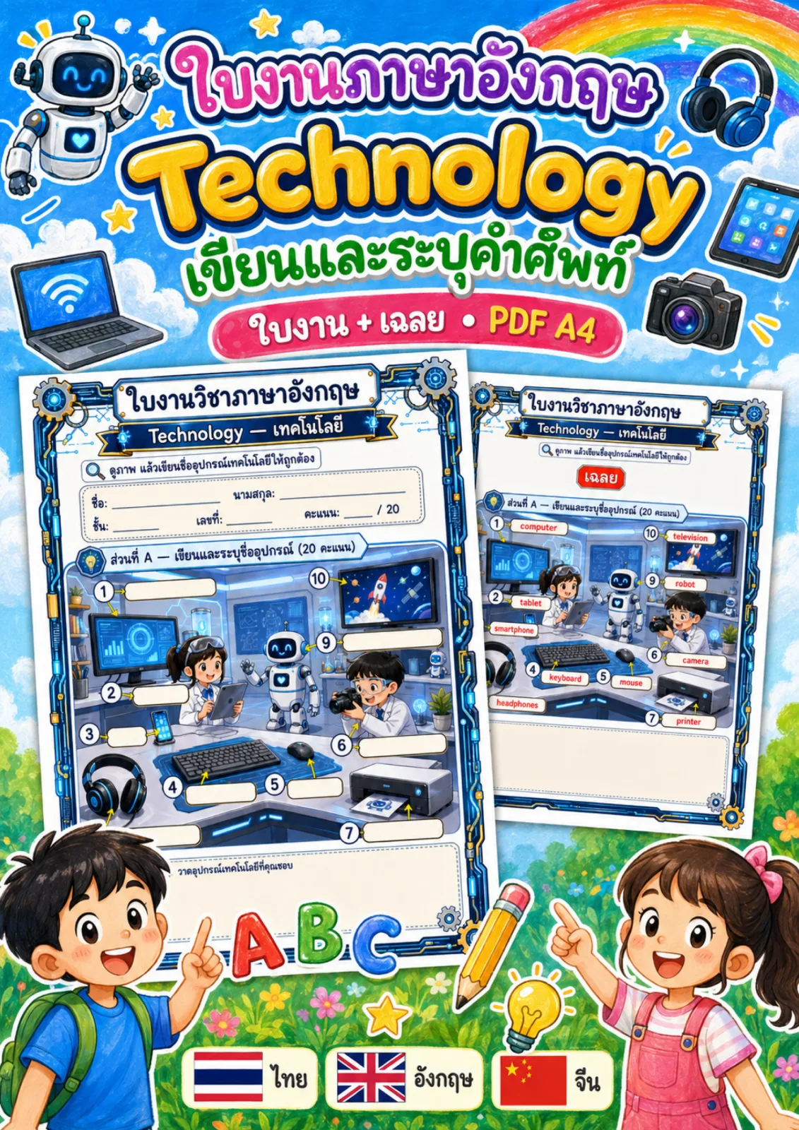 รูปหน้าปกของ ใบงานเทคโนโลยี เขียนชื่ออุปกรณ์จากภาพลงในช่องคำตอบ เช่น printer camera robot ระดับ ป.4–ป.6