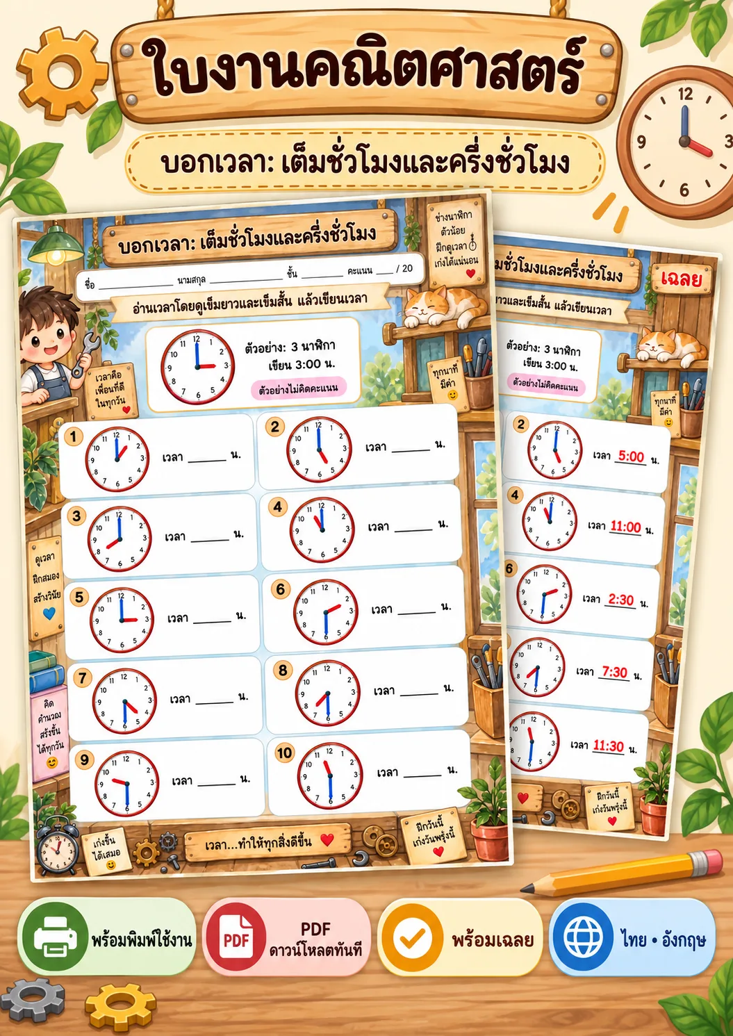 รูปหน้าปกของ ใบงานบอกเวลา เต็มชั่วโมงและครึ่งชั่วโมง อ่านเวลาจากนาฬิกา ระดับ ป.1-ป.3