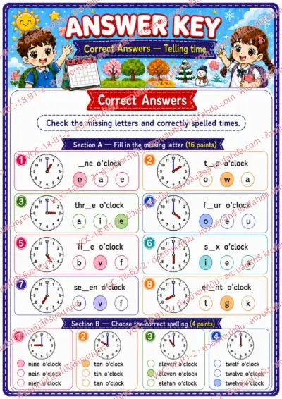 เฉลยใบงานภาษาอังกฤษ Telling time (o'clock) ป.1-3 คำสั่งภาษาอังกฤษ - เติมตัวอักษรที่หายไปในคำบอกเวลาและเลือกคำสะกดที่ถูกต้อง พร้อมเฉลย