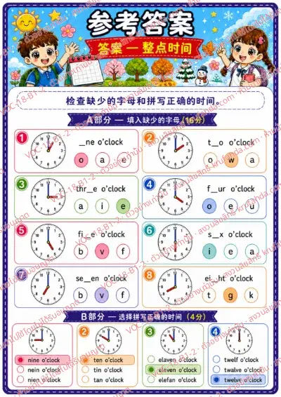 เฉลยใบงานภาษาอังกฤษ Telling time (o'clock) ป.1-3 คำสั่งภาษาจีน - เติมตัวอักษรที่หายไปในคำบอกเวลาและเลือกคำสะกดที่ถูกต้อง พร้อมเฉลย
