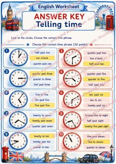 เฉลยใบงานภาษาอังกฤษ Telling time (past & to) ป.4-6 คำสั่งภาษาอังกฤษ - ดูภาพนาฬิกาแล้ววงกลมคำบอกเวลาที่ถูกต้อง พร้อมเฉลย