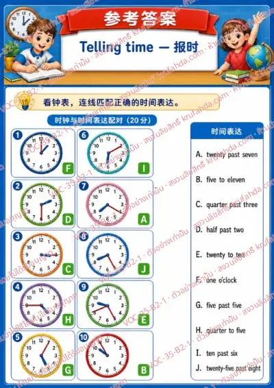 เฉลยใบงานภาษาอังกฤษ Telling time (past & to) ป.4-6 คำสั่งภาษาจีน - ดูภาพนาฬิกาแล้วลากเส้นจับคู่กับคำบอกเวลาให้ถูกต้อง พร้อมเฉลย
