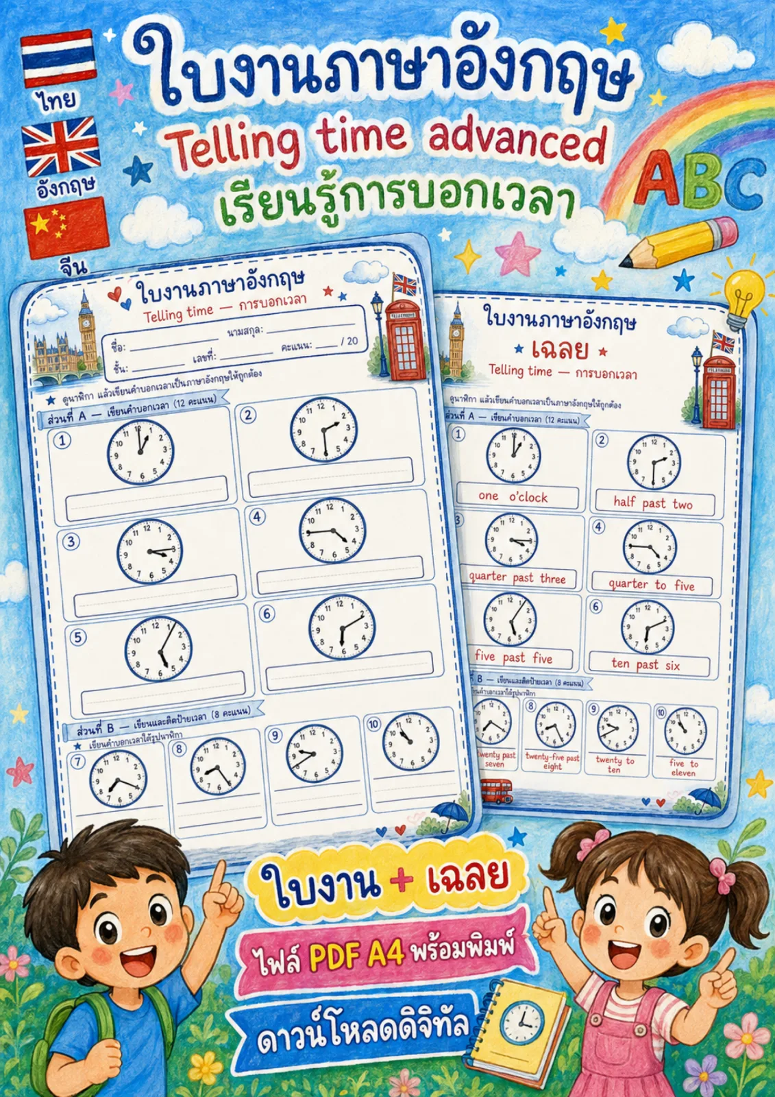 รูปหน้าปกของ ใบงานการบอกเวลาแบบ past และ to ดูนาฬิกาแล้วเขียนคำบอกเวลาเป็นภาษาอังกฤษ ระดับ ป.4–ป.6