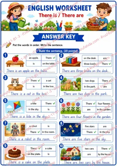 เฉลยใบงานภาษาอังกฤษ There is / There are ป.1-3 คำสั่งภาษาอังกฤษ - เรียงคำให้เป็นประโยคที่ถูกต้องแล้วเขียนประโยค พร้อมเฉลย
