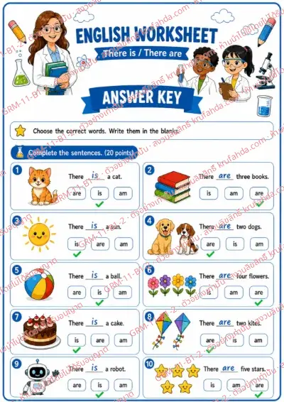 เฉลยใบงานภาษาอังกฤษ There is / There are ป.1-3 คำสั่งภาษาอังกฤษ - เลือกคำที่ถูกต้องแล้วเติมลงในช่องว่าง พร้อมเฉลย