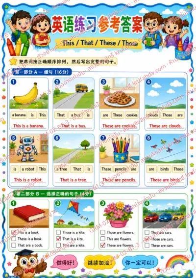 เฉลยใบงานภาษาอังกฤษ This, That, These, Those ป.1-3 คำสั่งภาษาจีน - เรียงคำให้เป็นประโยคที่ถูกต้องแล้วเขียนประโยค พร้อมเฉลย