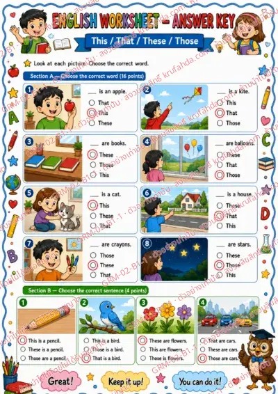 เฉลยใบงานภาษาอังกฤษ This That These Those ป.1-3 คำสั่งภาษาอังกฤษ - ดูภาพแล้วเลือกคำที่ถูกต้อง พร้อมเฉลย