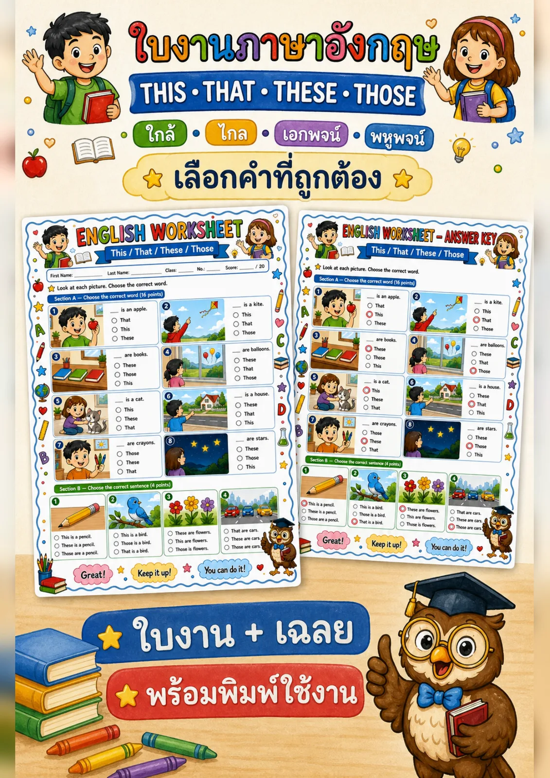 รูปหน้าปกของ ใบงานThis That These Those ดูภาพแล้วเลือกคำที่ถูกต้อง ระดับ ป.1–ป.3