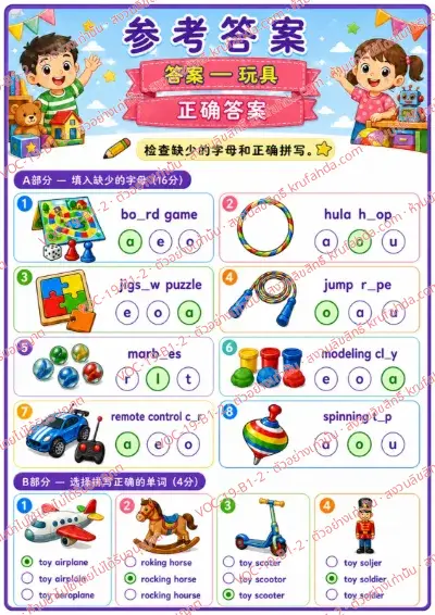 เฉลยใบงานภาษาอังกฤษ Toys ป.1-3 คำสั่งภาษาจีน - เติมตัวอักษรที่หายไปในคำศัพท์ของเล่นและเลือกคำสะกดที่ถูกต้อง พร้อมเฉลย