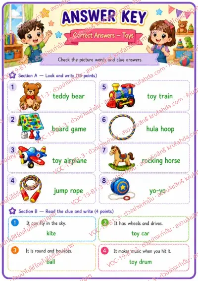 เฉลยใบงานภาษาอังกฤษ Toys ป.1-3 คำสั่งภาษาอังกฤษ - ดูภาพแล้วเขียนคำศัพท์ของเล่น และอ่านคำใบ้แล้วเขียนคำตอบ พร้อมเฉลย