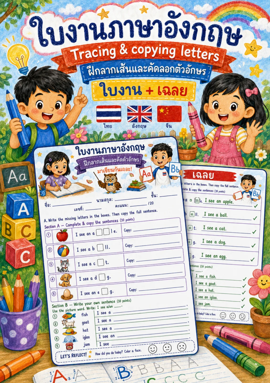 รูปหน้าปกของ ใบงานฝึกลากเส้นและคัดตัวอักษร เติมตัวอักษรที่หายไป คัดประโยค I see a แล้วเขียนประโยคเองจากคำ fish goat hat ระดับ ป.1–ป.3