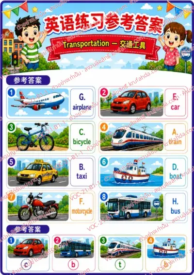 เฉลยใบงานภาษาอังกฤษ Transportation ป.1-3 คำสั่งภาษาจีน - จับคู่ภาพกับคำศัพท์และเขียนตัวอักษรลงในช่อง พร้อมเฉลย