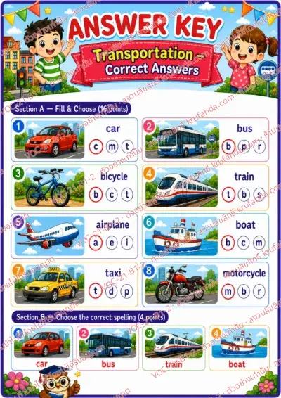 เฉลยใบงานภาษาอังกฤษ Transportation ป.1-3 คำสั่งภาษาอังกฤษ - เติมตัวอักษรตัวแรกและเลือกคำที่สะกดถูก พร้อมเฉลย