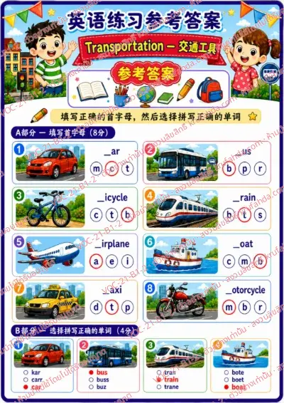เฉลยใบงานภาษาอังกฤษ Transportation ป.1-3 คำสั่งภาษาจีน - เติมตัวอักษรตัวแรกและเลือกคำที่สะกดถูก พร้อมเฉลย