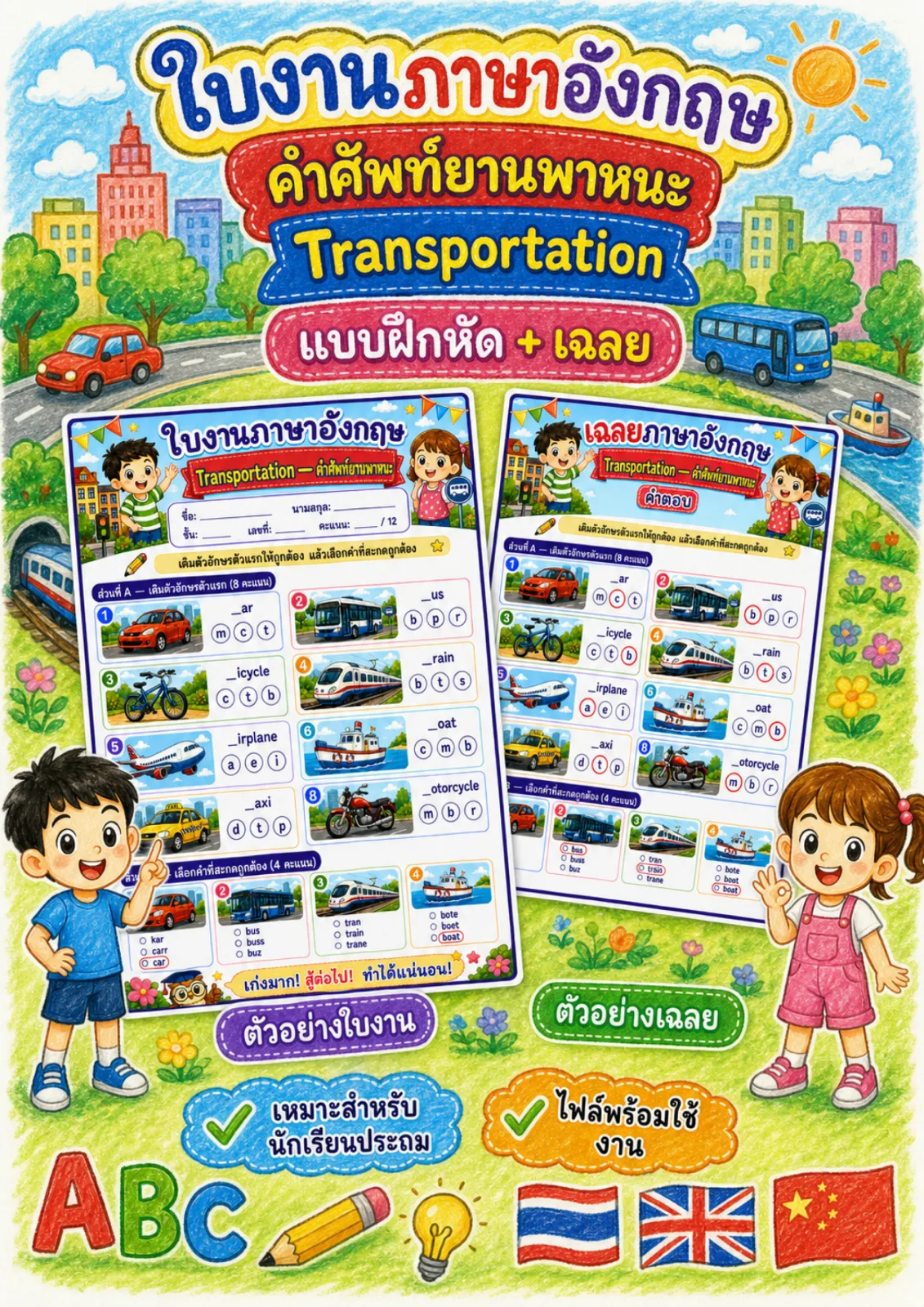 รูปหน้าปกของ ใบงานคำศัพท์ยานพาหนะ เติมตัวอักษรตัวแรกและเลือกคำที่สะกดถูก ระดับ ป.1–ป.3