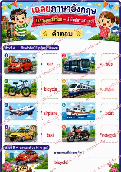เฉลยใบงานภาษาอังกฤษ Transportation ป.1-3 คำสั่งภาษาไทย - ดูภาพยานพาหนะแล้วเขียนคำศัพท์ให้ตรงกับหมายเลข พร้อมเฉลย