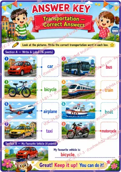 เฉลยใบงานภาษาอังกฤษ Transportation ป.1-3 คำสั่งภาษาอังกฤษ - ดูภาพยานพาหนะแล้วเขียนคำศัพท์ให้ตรงกับหมายเลข พร้อมเฉลย