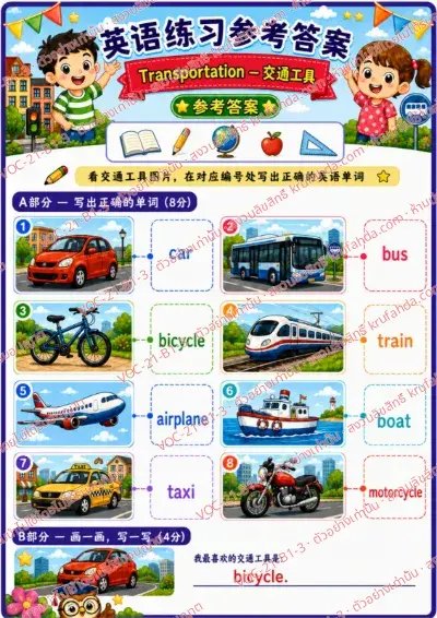 เฉลยใบงานภาษาอังกฤษ Transportation ป.1-3 คำสั่งภาษาจีน - ดูภาพยานพาหนะแล้วเขียนคำศัพท์ให้ตรงกับหมายเลข พร้อมเฉลย