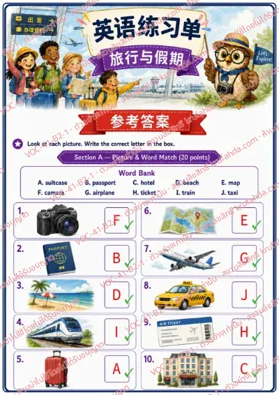 เฉลยใบงานภาษาอังกฤษ Travel & Holidays ป.4-6 คำสั่งภาษาจีน - จับคู่ภาพกับคำใน Word Bank แล้วเขียนตัวอักษรใต้ภาพ พร้อมเฉลย
