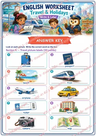 เฉลยใบงานภาษาอังกฤษ Travel & Holidays ป.4-6 คำสั่งภาษาอังกฤษ - ดูภาพแล้วเขียนคำศัพท์ลงในบรรทัดใต้ภาพ เช่น train taxi ticket map พร้อมเฉลย