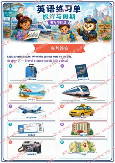 เฉลยใบงานภาษาอังกฤษ Travel & Holidays ป.4-6 คำสั่งภาษาจีน - ดูภาพแล้วเขียนคำศัพท์ลงในบรรทัดใต้ภาพ เช่น train taxi ticket map พร้อมเฉลย