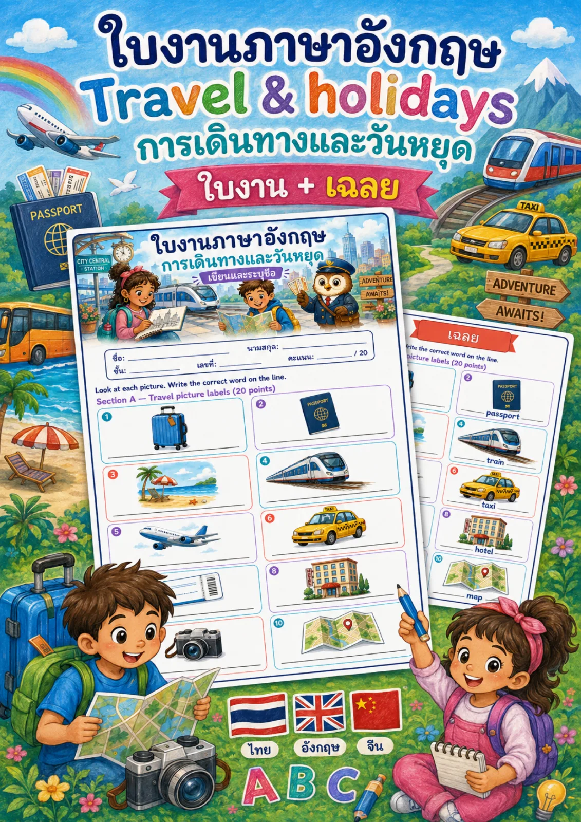 รูปหน้าปกของ ใบงานการเดินทางและวันหยุด ดูภาพแล้วเขียนคำศัพท์ลงในบรรทัดใต้ภาพ เช่น train taxi ticket map ระดับ ป.4–ป.6