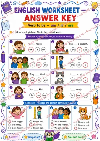เฉลยใบงานภาษาอังกฤษ Verb to be am is are ป.1-3 คำสั่งภาษาอังกฤษ - ดูภาพแล้ววงกลม am is หรือ are ที่ถูกต้อง พร้อมเฉลย