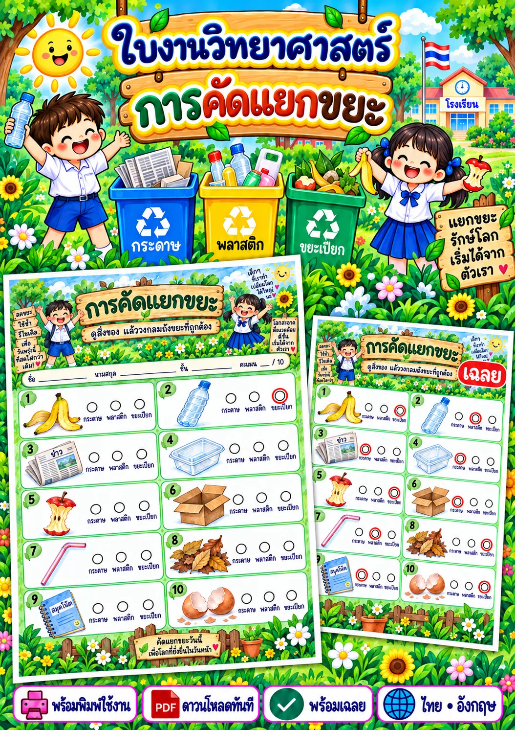 รูปหน้าปกของ ใบงานการคัดแยกขยะ วงกลมถังขยะที่ถูกต้อง ระดับ ป.1-ป.3