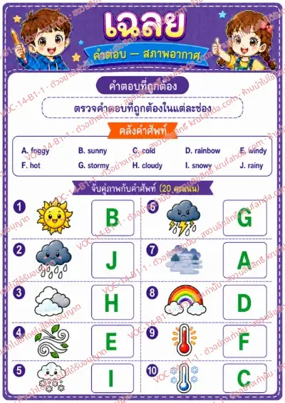 เฉลยใบงานภาษาอังกฤษ Weather ป.1-3 คำสั่งภาษาไทย - จับคู่ภาพสภาพอากาศกับคำศัพท์ พร้อมเฉลย