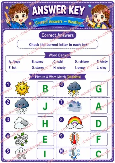 เฉลยใบงานภาษาอังกฤษ Weather ป.1-3 คำสั่งภาษาอังกฤษ - จับคู่ภาพสภาพอากาศกับคำศัพท์ พร้อมเฉลย