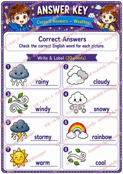 เฉลยใบงานภาษาอังกฤษ Weather ป.1-3 คำสั่งภาษาอังกฤษ - ดูภาพแล้วเขียนคำศัพท์สภาพอากาศ พร้อมเฉลย