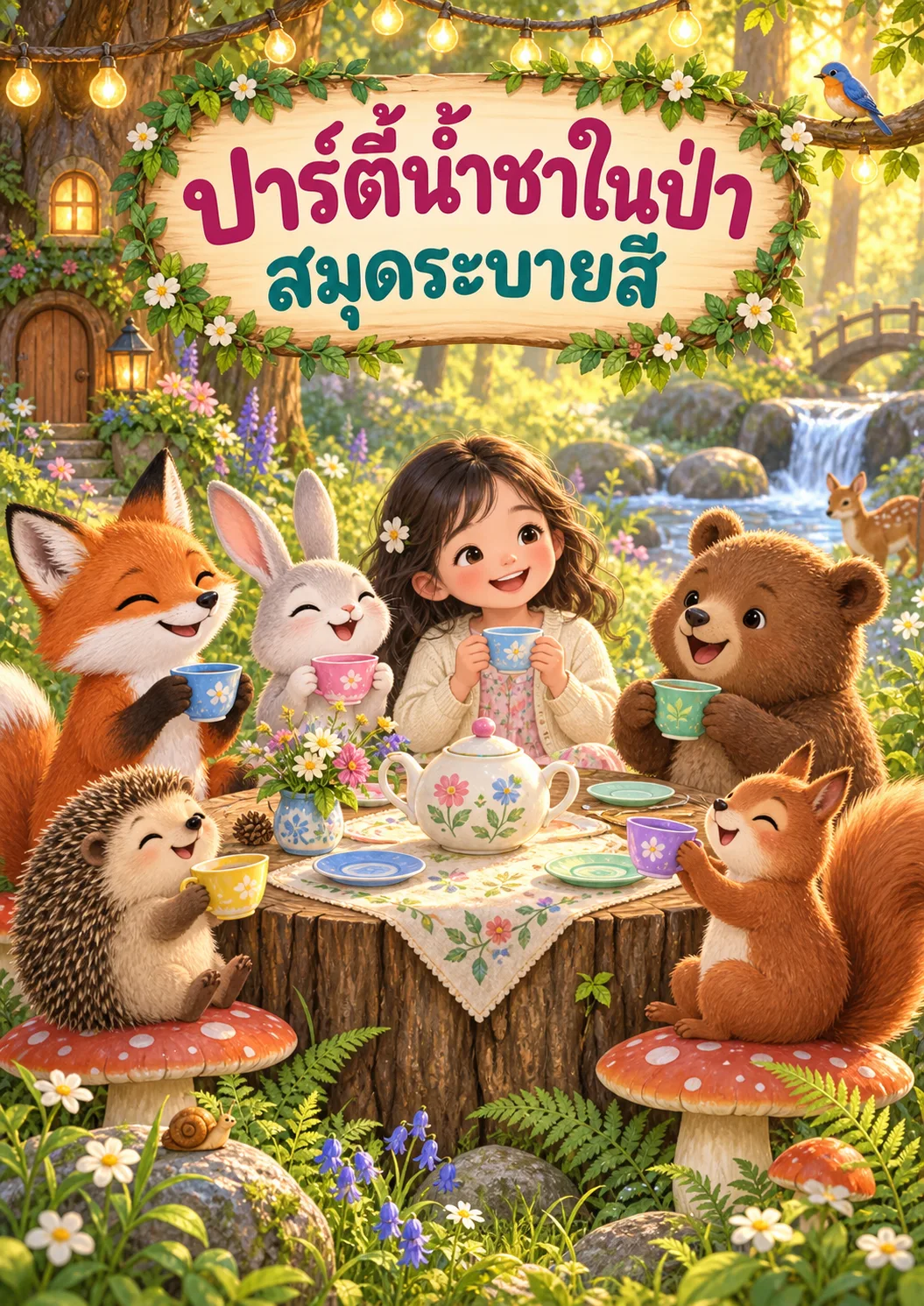 รูปหน้าปกของ สมุดระบายสีปาร์ตี้น้ำชาในป่า 30 หน้า ระดับ ป.1-ป.3