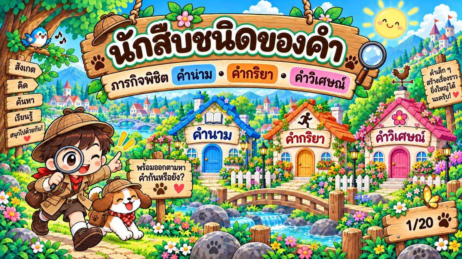 รูปหน้าปกของ สื่อการสอนภาษาไทย นักสืบชนิดของคำ: คำนาม คำกริยา คำวิเศษณ์ ระดับ ป.1-ป.3