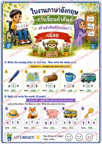 เฉลยใบงานภาษาอังกฤษ Word Writing ป.1-3 คำสั่งภาษาไทย - เติมตัวอักษรที่หายไปในคำ pen map cup แล้วเรียงตัวอักษรเป็นคำ hat fox pig พร้อมเฉลย