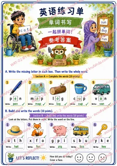 เฉลยใบงานภาษาอังกฤษ Word Writing ป.1-3 คำสั่งภาษาจีน - เติมตัวอักษรที่หายไปในคำ pen map cup แล้วเรียงตัวอักษรเป็นคำ hat fox pig พร้อมเฉลย
