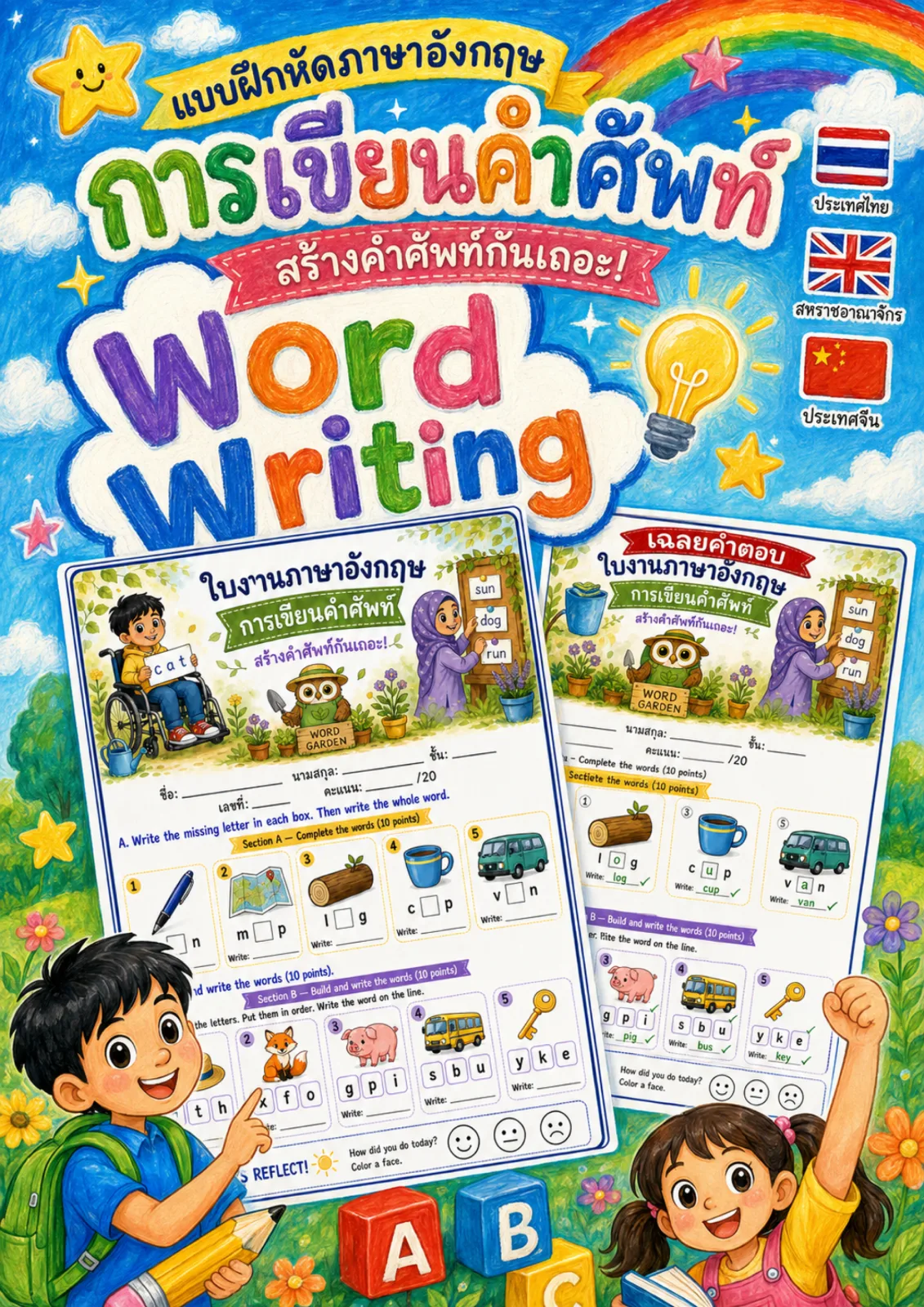 รูปหน้าปกของ ใบงานการเขียนคำศัพท์ เติมตัวอักษรที่หายไปในคำ pen map cup แล้วเรียงตัวอักษรเป็นคำ hat fox pig ระดับ ป.1–ป.3